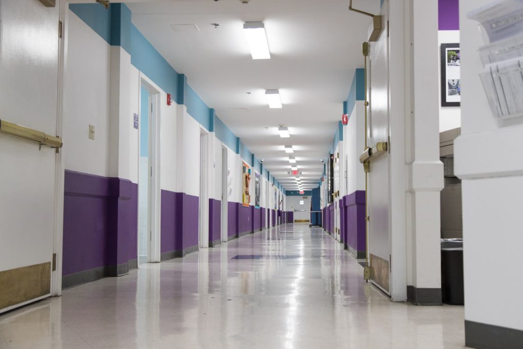 Bright white and purple hallway