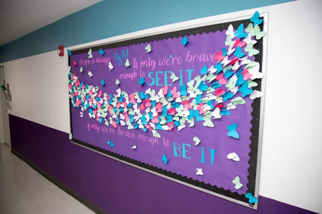 Butterfly mural on school wall